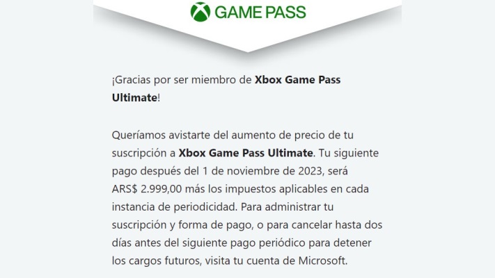 Aviso de aumento de precio de Game Pass